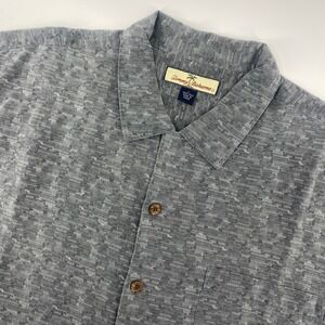 Tommy Bahama Silk Shirt Mens L Gray Palm Tree Graphic Short Sleeve Button Up